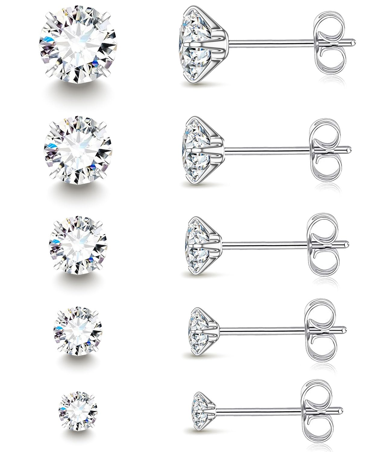 5 Pairs Silver Stud Earrings Set for Women Men,20G