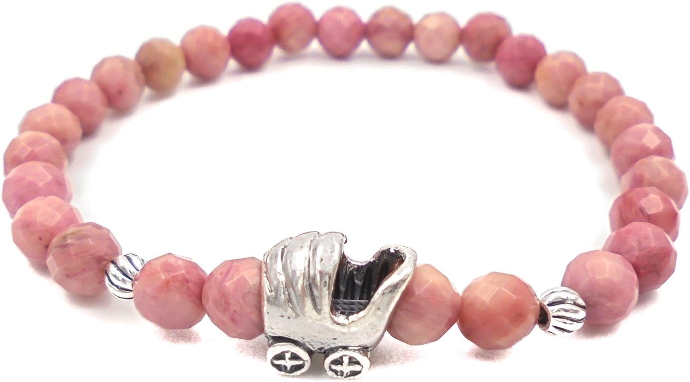 Teresa Sesame – Women Bracelet with Natural Stones of Rhodonite 6 mm and 925 Solid Sterling Silver Horseshoe 1 Law (925 Thousandths) with Two Silver Balls Carved