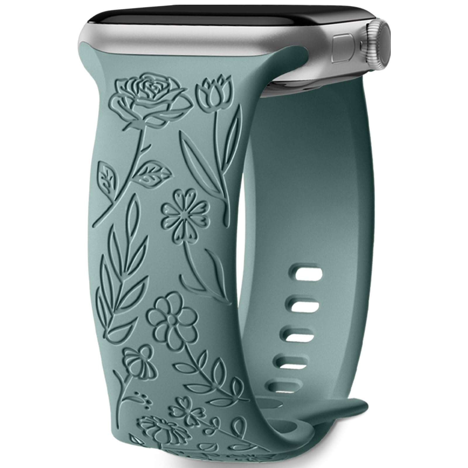 Mastten Floral Engraved Strap Compatible with Apple Watch Straps 38mm 40mm 41mm 42mm Women, Soft Silicone Elegant Rose Floral Band for iWatch SE 3 2 1 Series 11 10 9 8 7 6 5 4 3 2 1, Pine Green