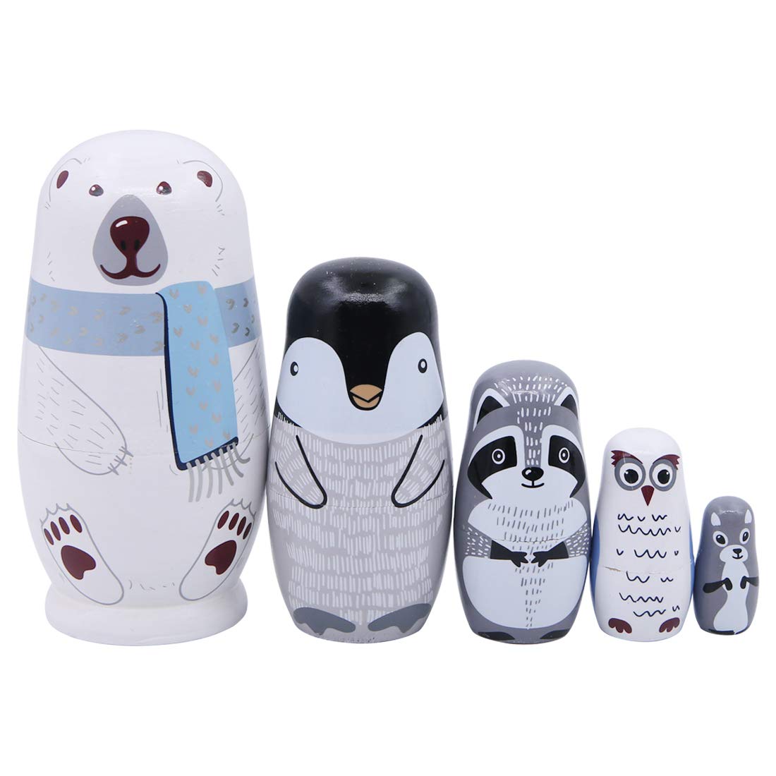 Winterworm 5 Piece Set Polar Bear Penguin Owl Matryoshka Nesting Dolls Stacking Toys Russian Dolls Home Decor New Year Birthday Party Decoration