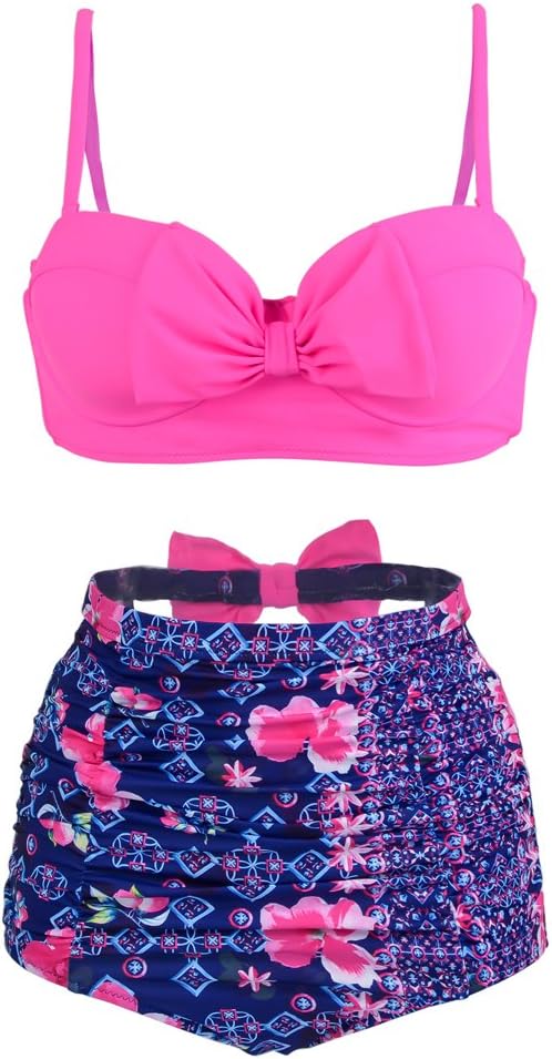 Dreamkai Women's Bow Bikini Floral Push up High Waist Two Piece Swimsuit Bathing Suits