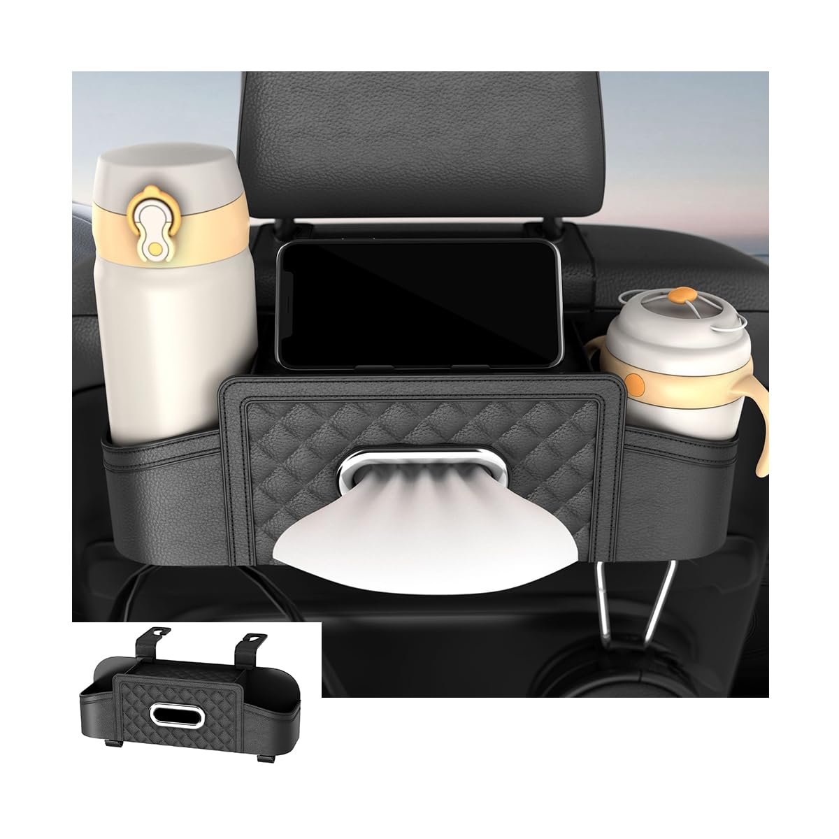 Photo 1 of Mandark Car Headrest Backseat Organizer, Multifunctional Vehicle Seat Back Storage Box with Drink Cup Holder and Hooks, Automotive Travel Accessories, Universal for SUV, Sedan, Truck (Black)
