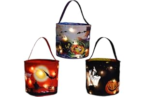 BYROTSON Halloween Candy Bags with LED Lights Trick or Treat Basket, Light up Halloween Party Bags Multipurpose Reusable Goody Bucket for Kids (Package I)