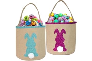 CAMIRUS 2PCS Bunny Bags Jute for Kids, Burlap Rabbit Fluffy Tail Canvas Tote Baskets for Girls to Carry Candy Gifts Easter Eggs Hunt Event