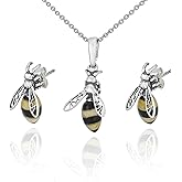 AMBEDORA Ladies Silver Jewellery Set Bees mod.09s Colourful Baltic Amber Oxidised Sterling Silver Pendant on Chain and Earrings