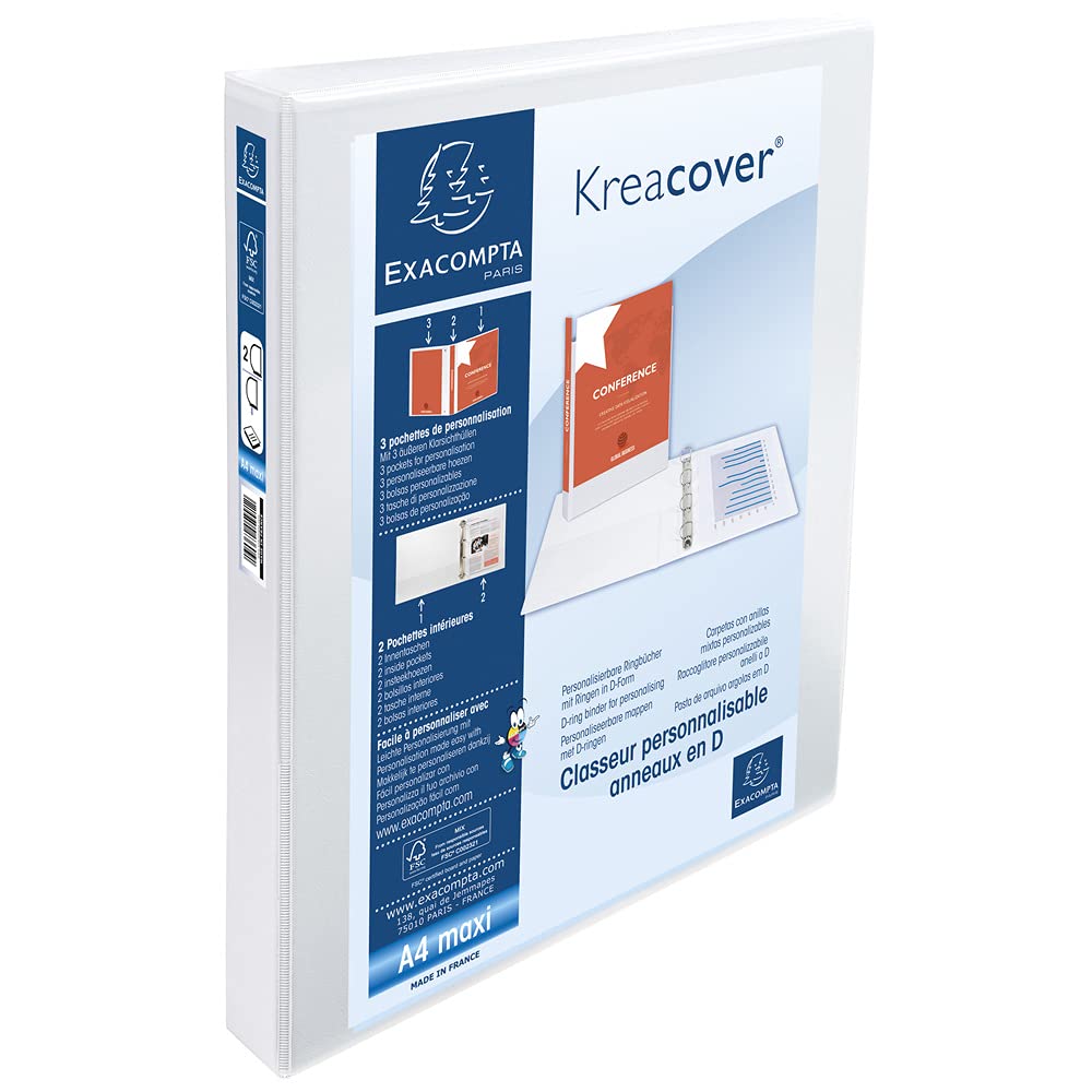 Exacompta - ref. 51822E - 1 customizable rigid opaque binder with 3 pockets - 2 D-rings of 30 mm - Spine 47 mm - External dimensions: 32 x 27.7 cm - Format to be filed A4 Maxi - Colour: white