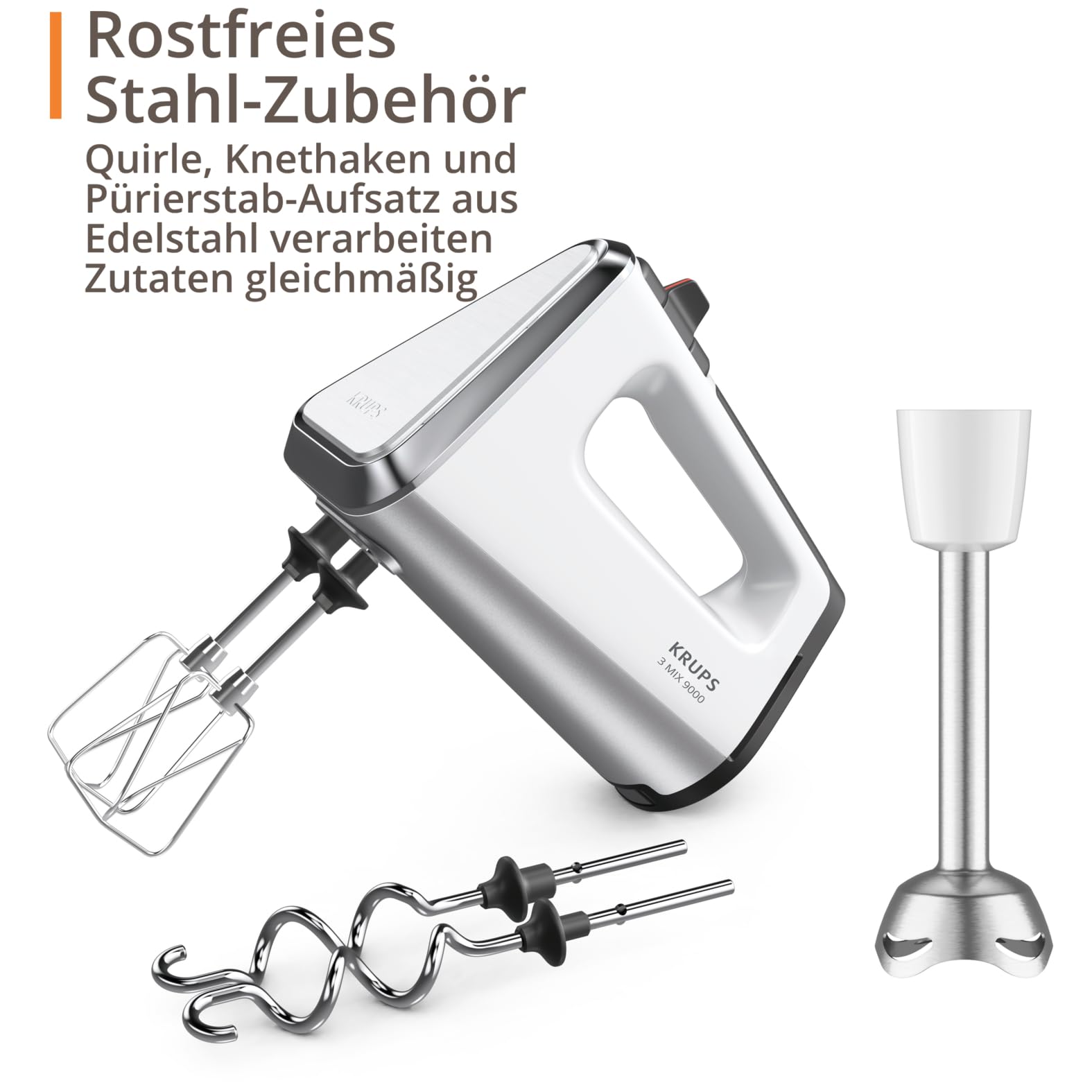 Krups 3 Mix 9000 Handmixer, 750 Watt, Geschwindigkeitsregler, Turbomodus, ergonomischer Griff, Handrührgerät inkl. Schneebesen, Knethaken, Pürierstab-Aufsatz, Messbecher, weiß/silber, GN9121 6