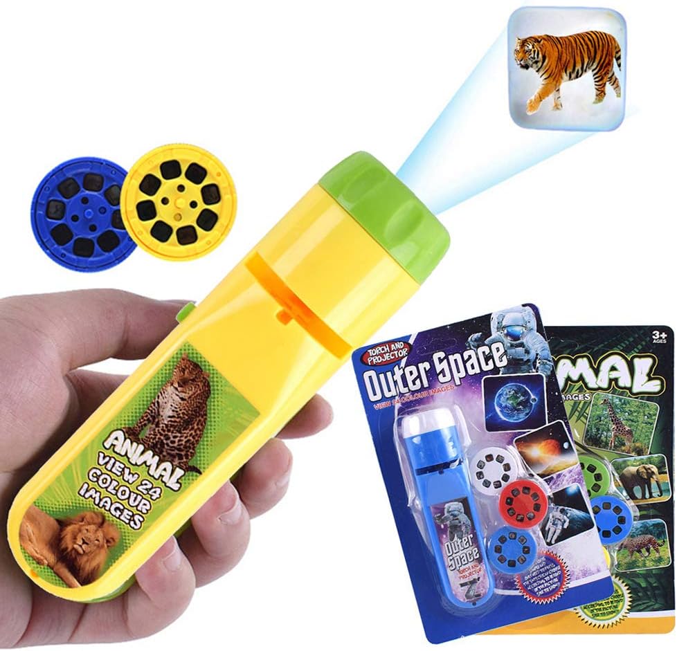 HahaGo Torch Projector Projection Lighting Story Torches Light Toy Slide Lamp Educational Learning Bedtime Night Light for Children (48 Images,2set, Outer Space + Animals)
