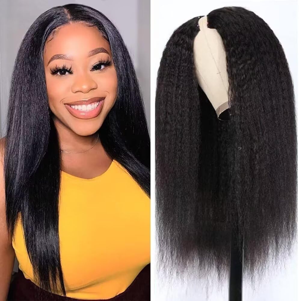 V Part Wig Yaki Straight Wigs For Women Human Hair Less Leave Out Upgraded U Part Wigs For Women V Shape Clip In Yaki Straight Human Hair Wig Natural Black Color 14 Inch