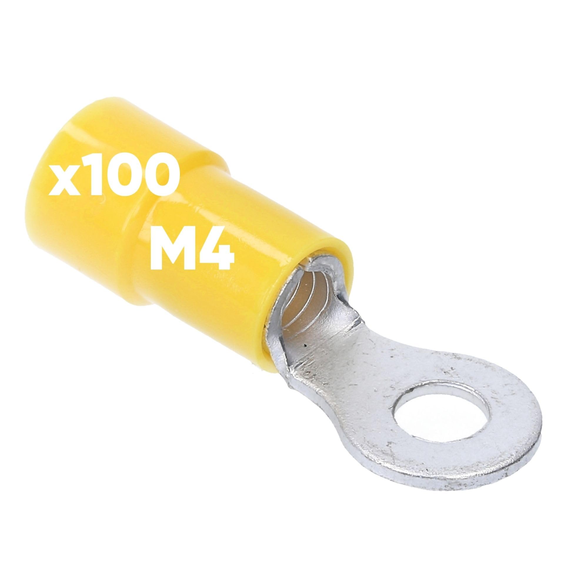 Pack of 100 Kalitec RKSGM4 Ring Cable Lugs 4-6 mm² I Partially Insulated M4 Yellow I Copper I PVC Collar I for Connecting Cables or Strands I Cable Lug I Cable Connector I Protects Electrical