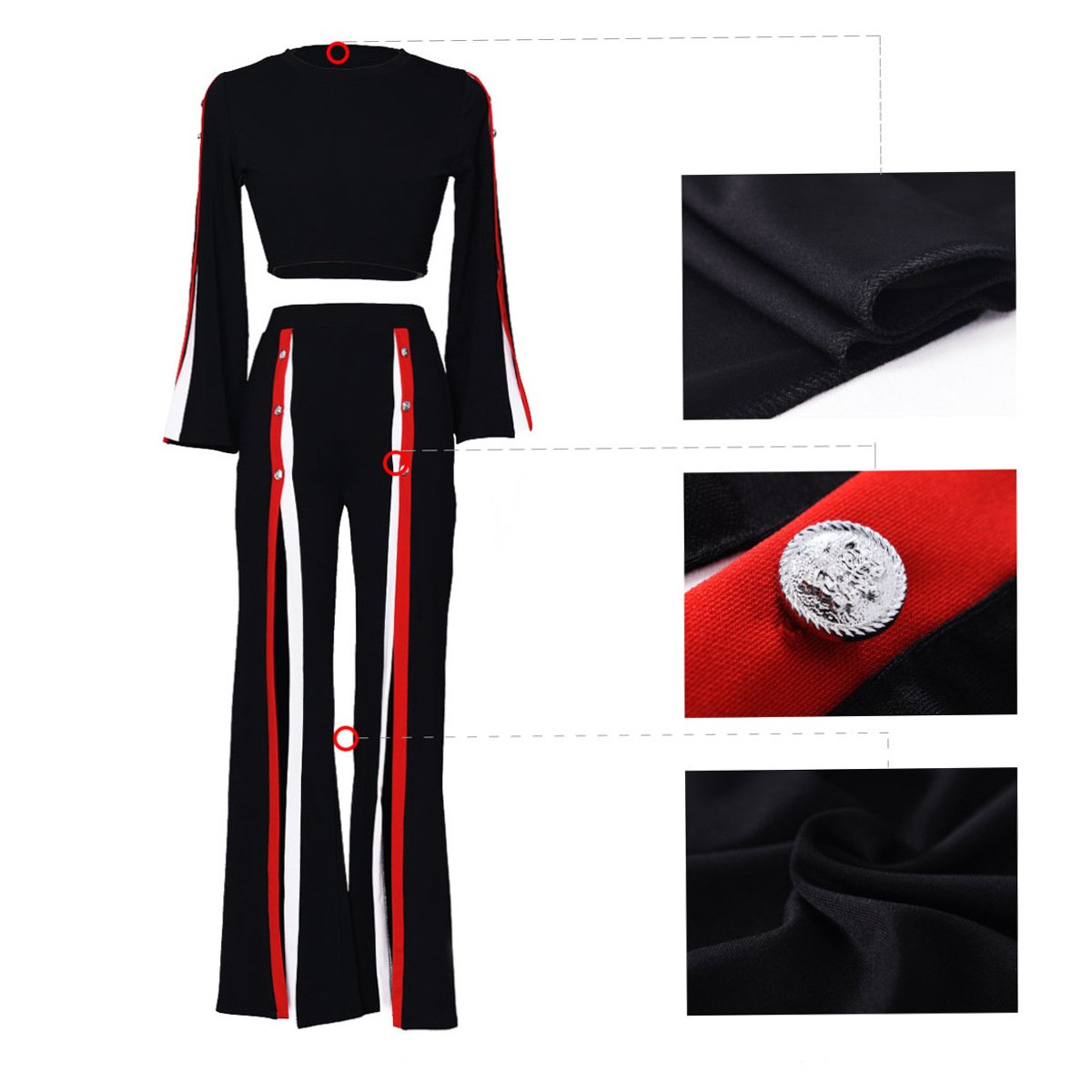 Women\'s Slit 2 Piece Long Sleeve Outfits Crop Top + Long Pants Wide Leg Jumpsuits X-Large Black