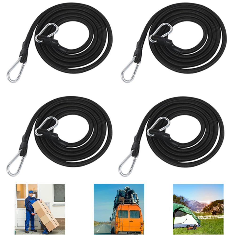 Bungee Cords with Hooks 4 Pack – 2m Long Bungee Straps with Carabiner Clips, Heavy Duty & Elastic Tie Down Straps for Cargo Truck Tarp Camping Secure Transportation