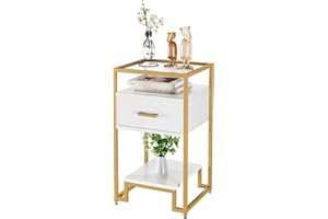 Modern Nightstand with Wood Drawer & 3-Tier Storage, Small Bedside Table with Sturdy Steel Frame and Tempered Glass Top, End 