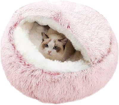 SUOXU Cat Calming Bed 2 in 1 Donut Small Dog Plush Pink Non-Slip Bottom