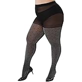 WiliW Polka Dot Plus Size Tights for Women Shimmer Patterned High Waist Tights 40D Shiny Sheer Black Pantyhose