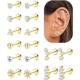 LOYALLOOK Hypoallergenic Flat Back Earrings 14K Gold Plated Cartilage Earring Stacks Surgical Stainless Steel Earrings For Sensitive Ears Women Helix Conch Tragus Piercing Jewelry Flatback Stud Earring Set