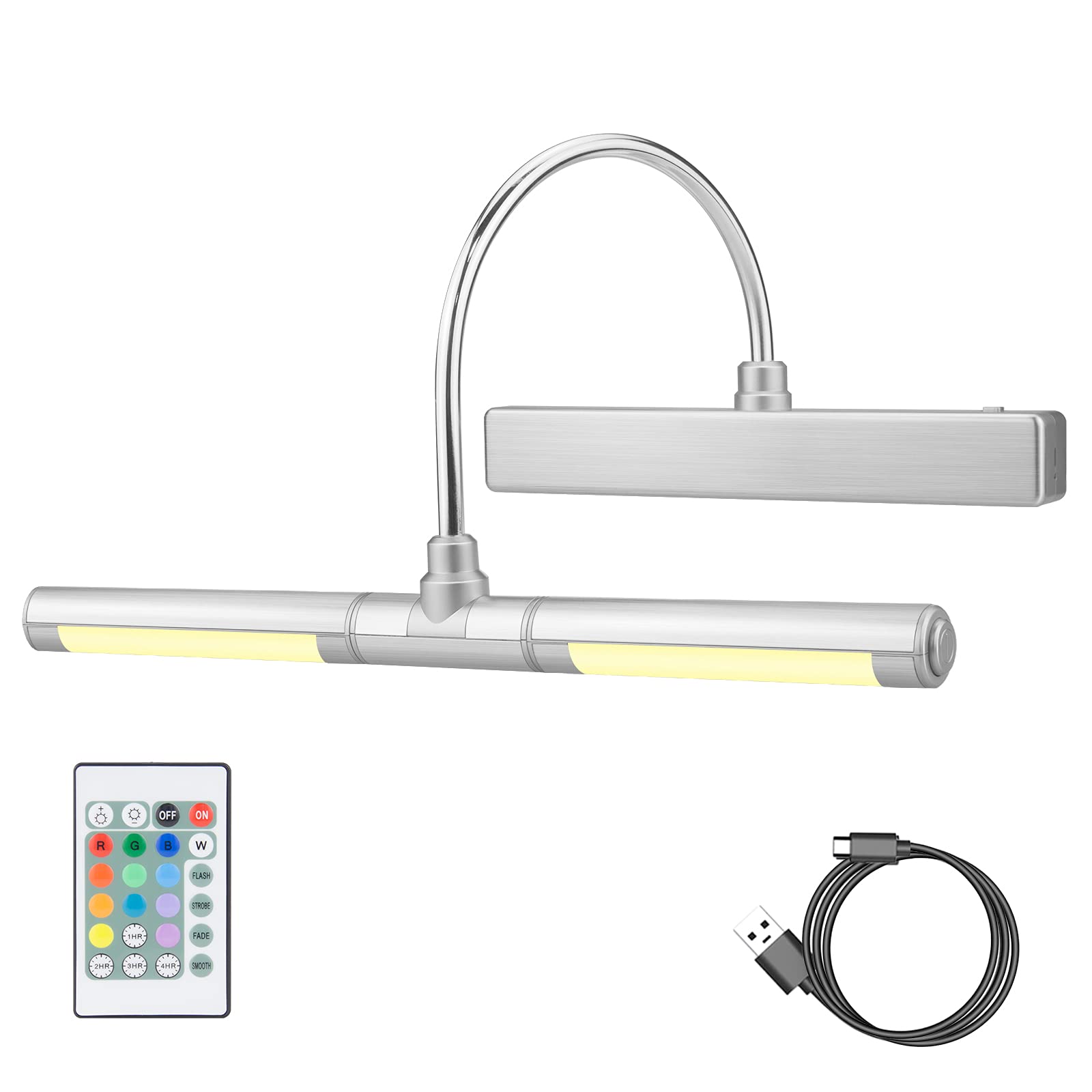 HONWELL LED Picture Light with Remote Control, Rechargeable LED Wall Lights with 12 Colors Changing, Display Lamp 13 Inches Rotatable Light Head for Painting Dartboard Frame Portrait Art, Silver