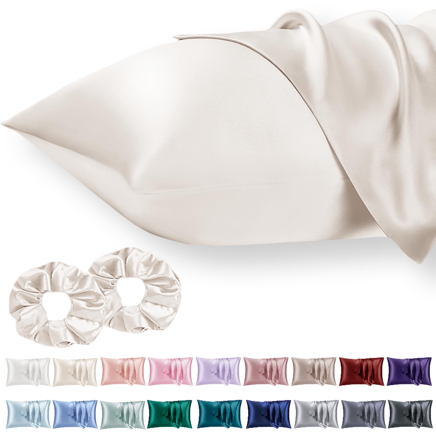 Vielit 2 Pack Satin Pillowcase for Hair and Skin Cooling,Soft as Silk Pillowcase for Hair and Skin,Easier Care than Silk Pillow Case Beige 50x75cm Gifts for Women Envelope & 2 Scrunchies