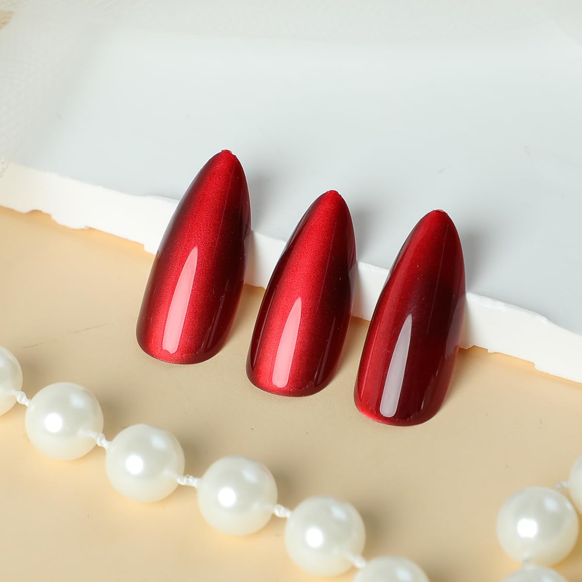 24 Pcs Spring Red Press on Nails Short Almond - YEFIUO Cat's Eye Nail Tips Acrylic Nail Kit Fake Nails Press ons French Glue on Nails Short Nail Art Full Cover Glitter False Nails for Women - Image 5