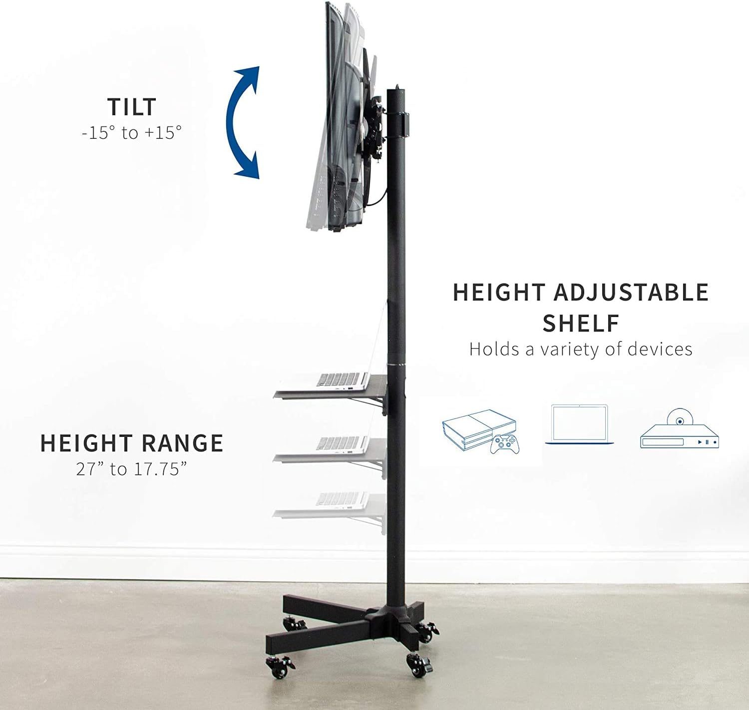VIVO Universal Mobile TV Cart for 23-55 inch LCD LED Flat Panel Screen TVs up to 55 lbs, Pro Height Adjustable Rolling Black Stand with Laptop Shelf, Locking Wheels - Max VESA 400x400 (STAND-TV04M) : Office Products
