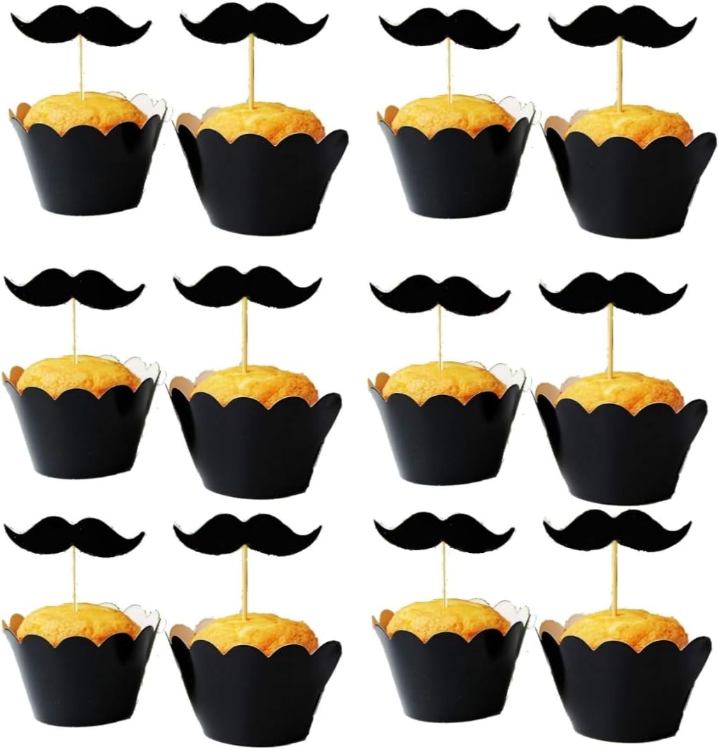 Home Vivations Black Mustache Cupcake Topper and Liner Complete Set- 12 Liners & 12 Wrappers