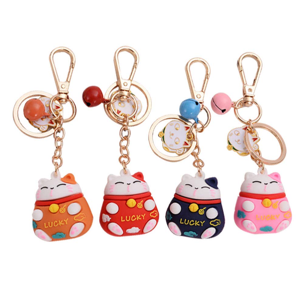 Amosfun 4pcs Lucky Cat Keychain Maneki Neko Fortune Japanese Cat Keyring For Car Purse Backpack Handbag (Red, Pink, Blue, Orange)