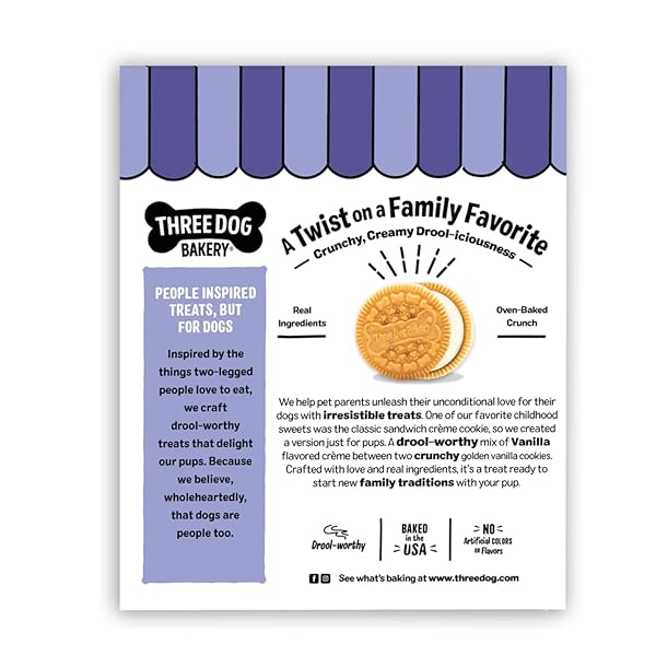 THREE DOG BAKERY LICK’N CRUNCH! GOLDEN & VANILLA SANDWICH COOKIES, DOG TREAT, PUPPY COOKIES WITH REAL INGREDIENTS, DOG BIRTHDAY TREAT, TRAINING REWARD