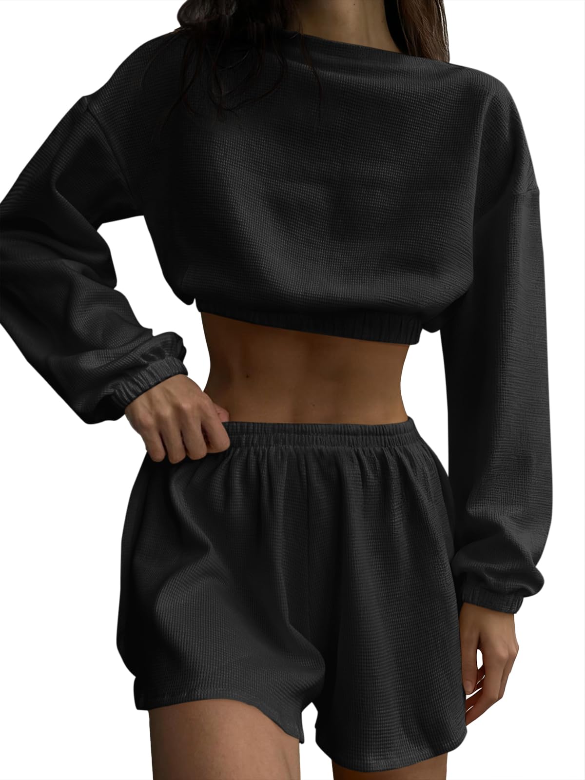 Photo 1 of **SIXE XXL**
Yousify Womens 2 Piece Short Sets Waffle Knit Long Sleeve Crop Tops Casual Shorts Summer Loungewear Travel Vacation Outfits