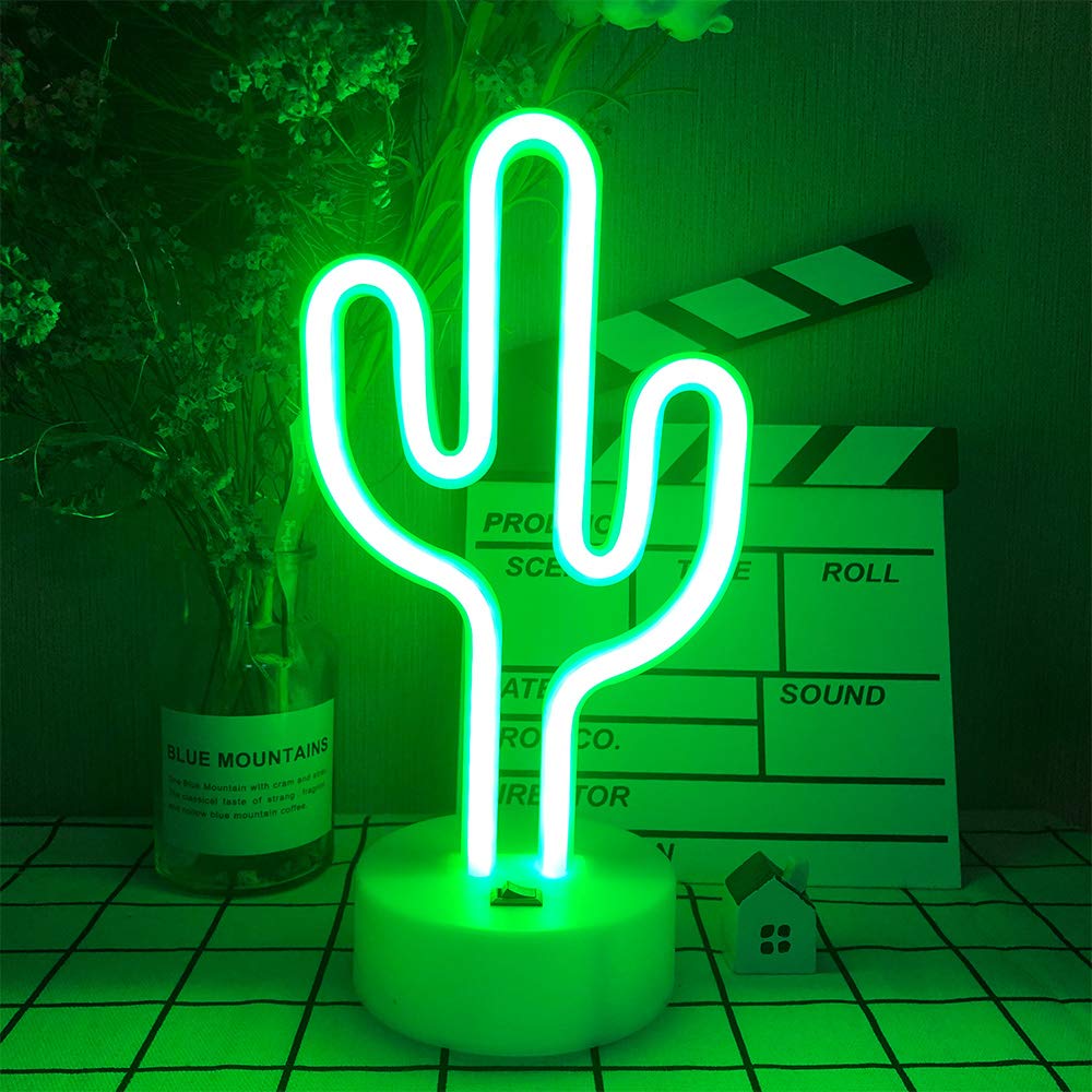 LED Cactus Shaped Neon Signs Light with Holder Base Table Decoration Night Lamp with Battery Powered/USB Neon Lights for Kids Room Party Supplies Table Decoration Children Gifts Art Dorm Decor Sign