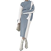 Pink Queen Women's 2 Piece Outfits 2025 Fall Winter Sweater Skirt Set Long Sleeve Oversized Top High Waist Color Block Dress