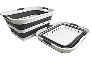 SAMMART 42L (11 gallons) Set of 2 Plastic Foldable Storage Basket/Container - Collapsible, Space Saving and Portable Laundry Hamper, Ideal for Home, Travel, Dorm, and Camping (2, White/Steel Grey)