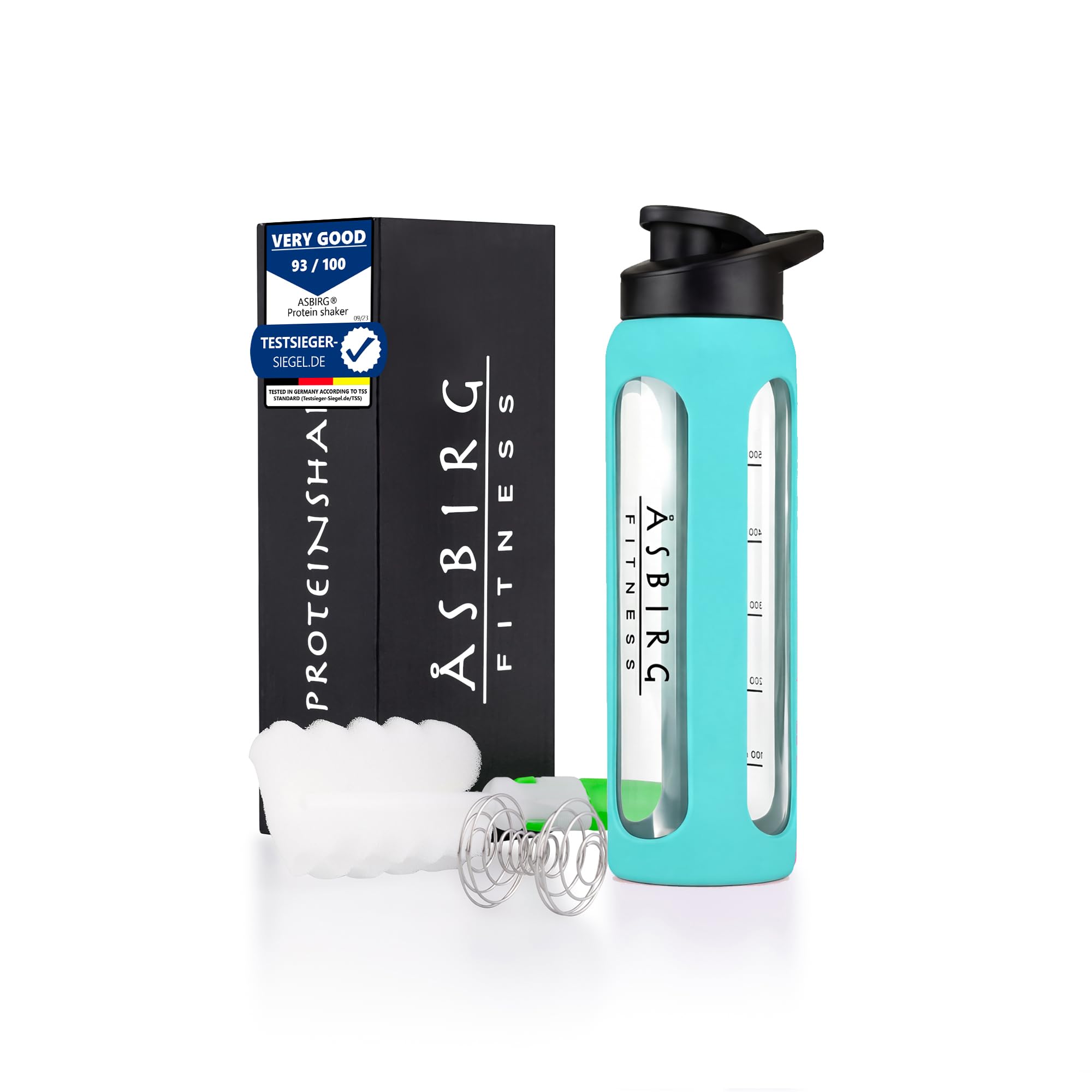 Asbirg Glass Protein Shaker Bottle 700ml – Leakproof & BPA-Free – Borosilicate Glass Gym Shaker with Spiral Mixing Ball for Smooth Protein Shakes, Smoothies, Meal Replacement & Fitness - Aqua Blue