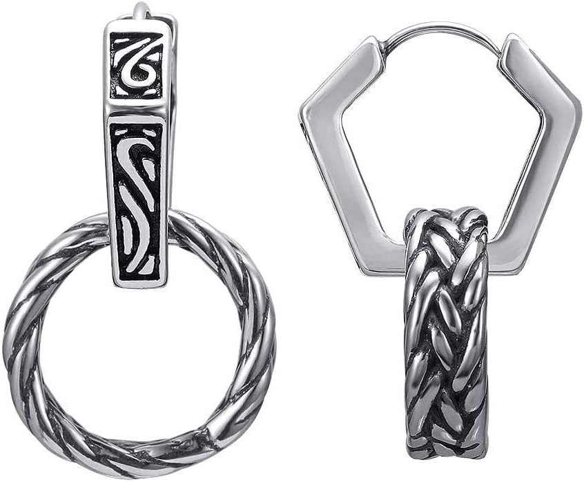 Pair Hexagon Circle Surgical Steel Earrings Unisex Vintage Gothic Punk Hoop Dangle Earrings for Women Men