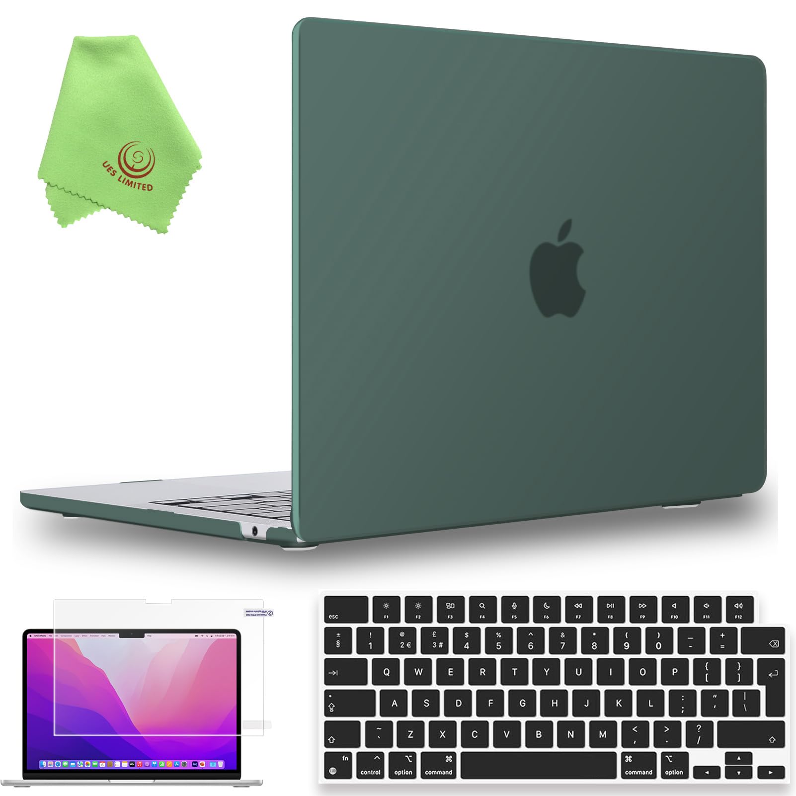 UESWILL 4in1 for MacBook Air (15 inch, M2 M3 M4 M5, 2023 2024 2025 2026) Model A3448 A3241 A3114 A2941, Matte Hard Shell Case + Keyboard Cover + Screen Protector + Microfiber Cloth, Midnight Green