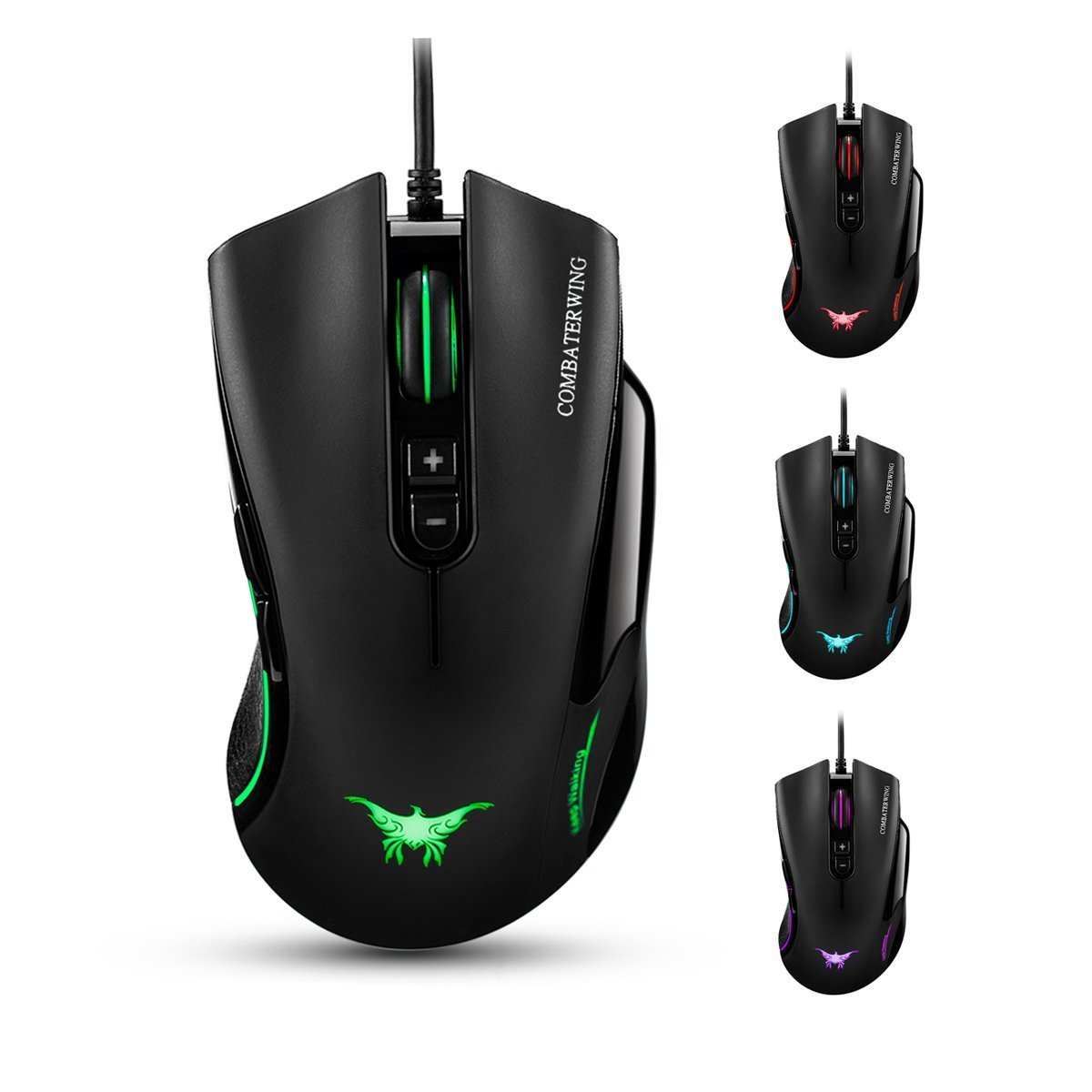 Combaterwing CW10 4800 dpi Wired Gaming Mouse Mice 7 LED colores cambiantes respiración diseño 6 botones de alta precisión para Gamer PC MAC(Negro)
