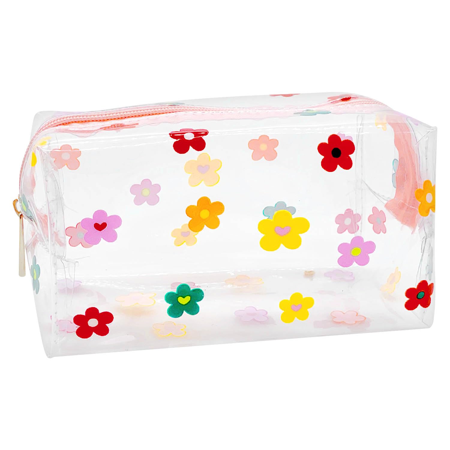 Rumyve Clear PVC Makeup Bag - Cute Flower Red Heart Design, Portable Zipper Pencil Case, Multi-Functional Storage Travel Accessories for Women and Girls