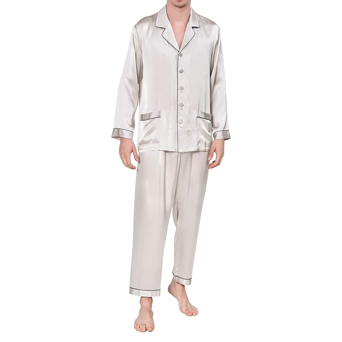 Cold Posh Schlafanzug Pyjama Nachtwäsche Herren aus Seide Morgenmantel Lang Satin Hausanzug mit Langen Ärmel Loungewear von 2