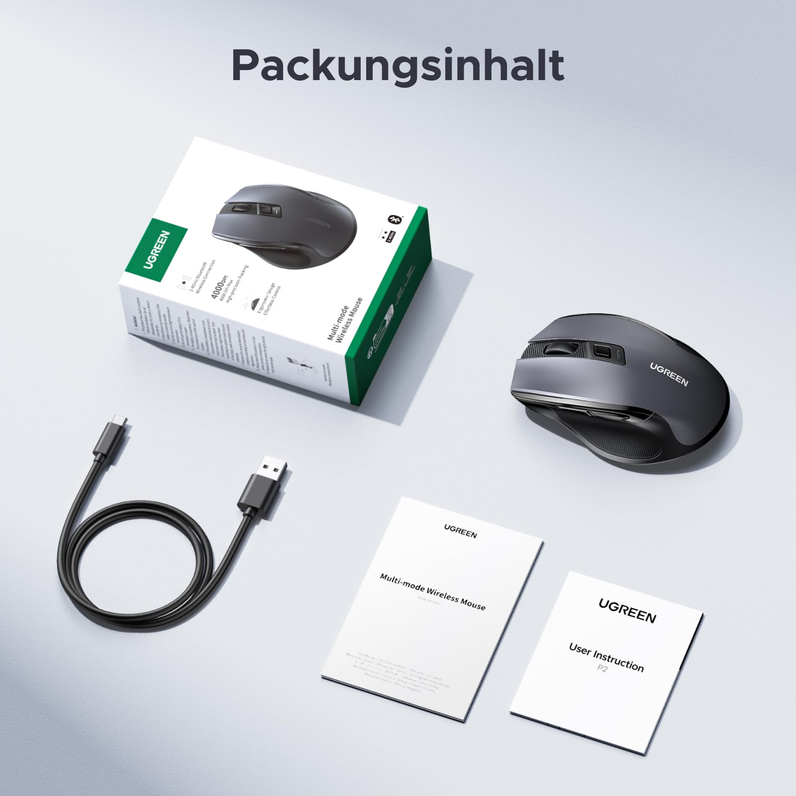 UGREEN 2.4G & Bluetooth Maus Kabellos mit USB C Aufladung, wiederaufladbare Maus mit 4000DPI, ergonomisches Design und leise klick, funkmaus kompatibel mit Laptop Computer Windows macOS Linux 8
