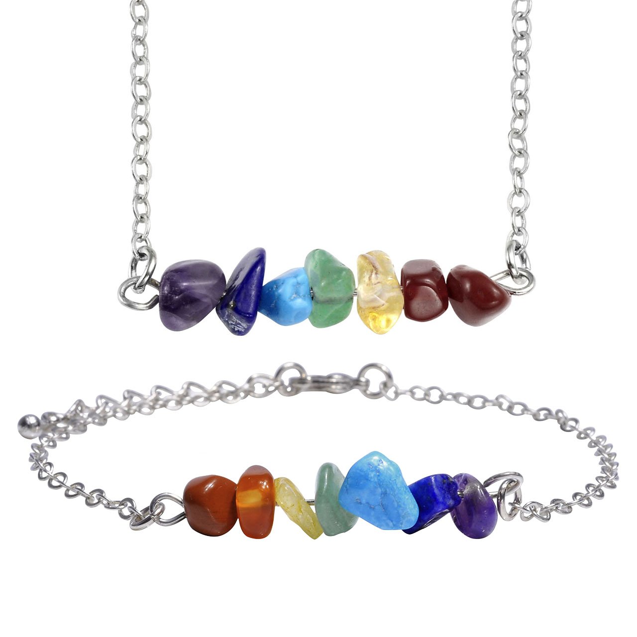 Jovivi 2PCS/Set Pendentif Collier Réglable 7 Chakras Pierres Barre Horizonta + Bracelet Barre Poignet Lien Perles Pierre Precieuse Tibétain Chaîne de Main