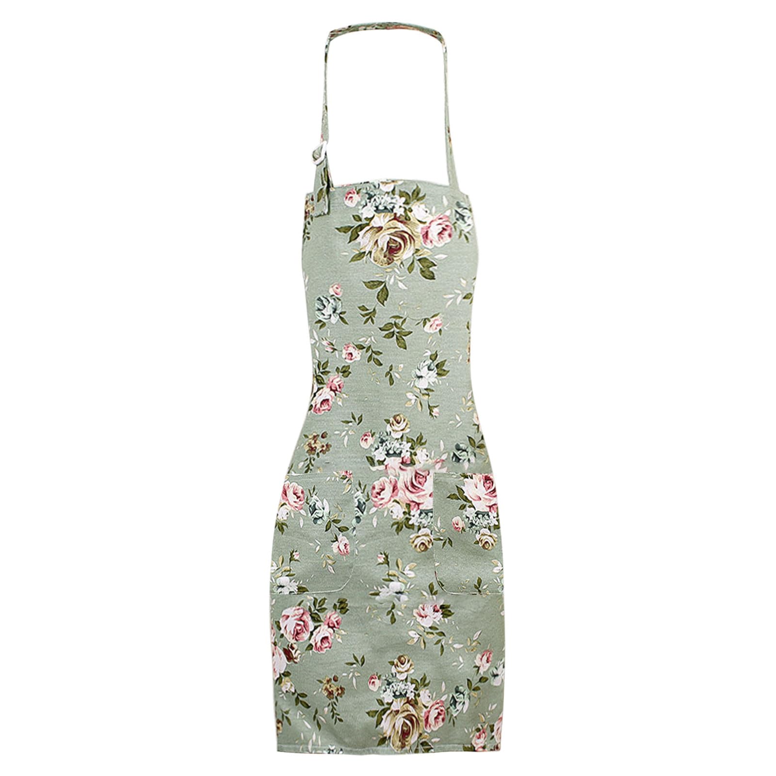 EUPSIIU Floral Aprons for Women Kitchen Aprons for Women, Adjustable Cooking Apron, Chefs Apron, Cooking Apron with Big Pockets, Vintage Flower Apron for Cooking, Gardening, Housework (Green)