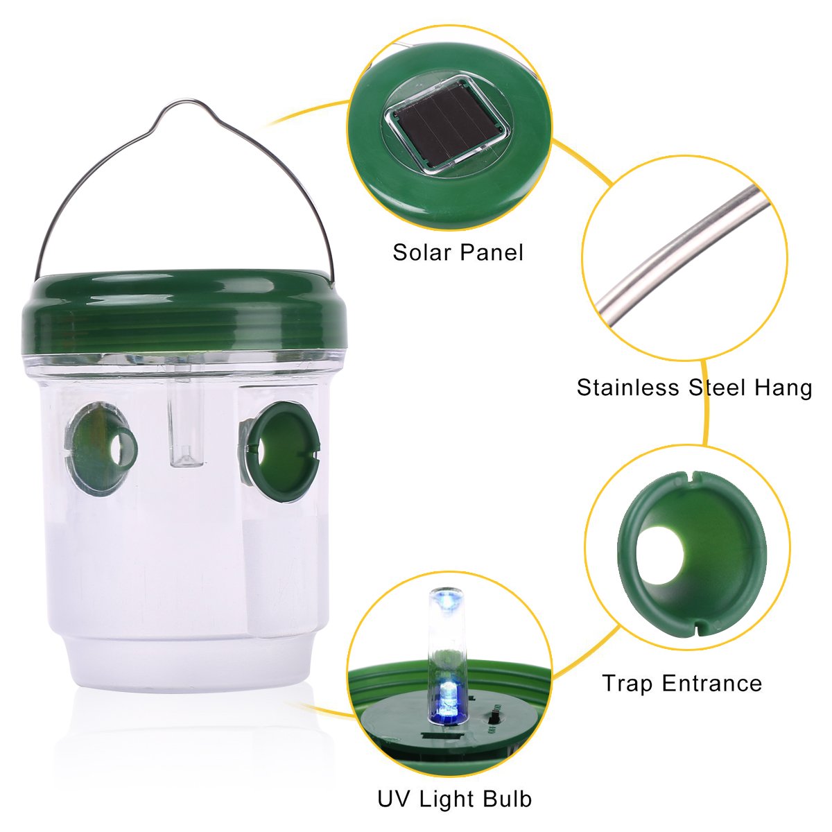 HUYIJJH Wasp Trap Catcher Solar Powered Killer Repellent Outdoor Reusable with Ultraviolet LED Light for Bees, Wasps, Hornets, Yellow Jackets and More (2 Pack)