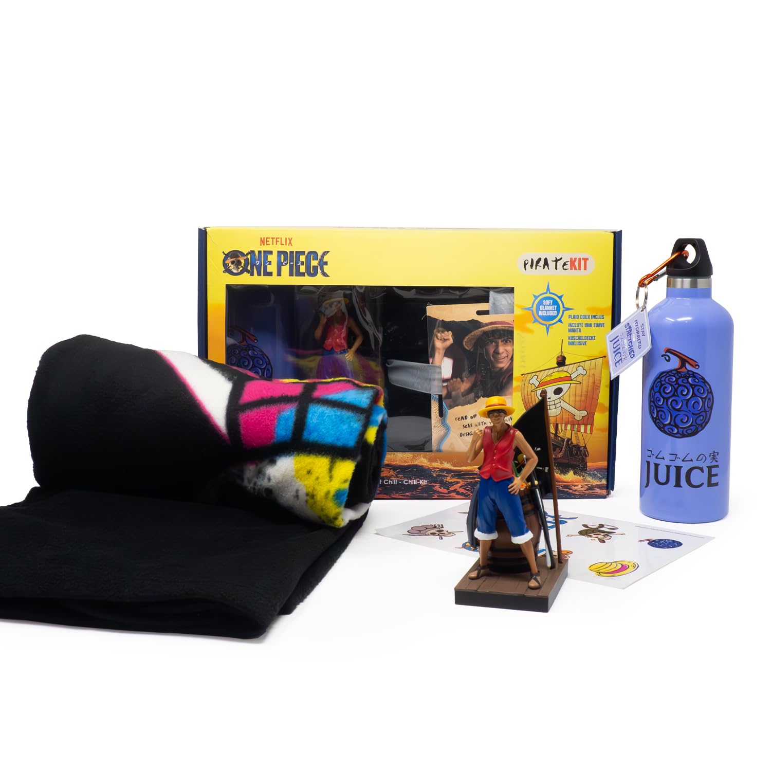 Neamedia Icons Netflix Chill Kit - One Piece Live Action, Official license, Comfort blanket, Collectible figurine, Stainless steel water bottle, Stickers board, idea for fans