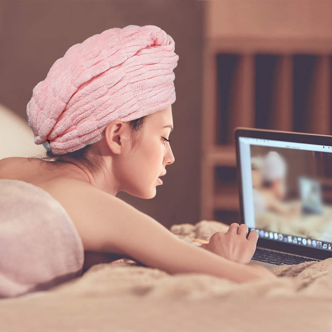 Innovative Gauffer Design Large Microfiber Hair Towel Drying Wraps for Women, Quick Dry Turban Shower Caps Magic Hats, Super Absorbent Anti-frizz for Long Thick Curly Hair