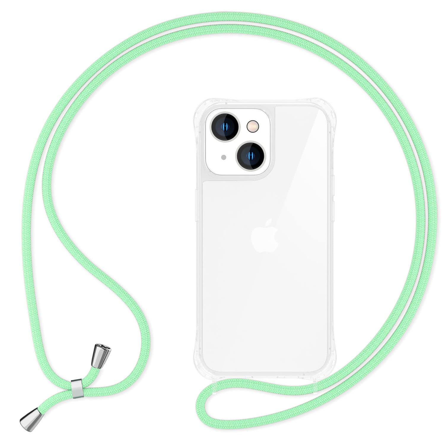 NALIA Necklace Case for iPhone 14 - Transparent Hybrid Cover & Strap - HANGIT PRO (Anti-Yellow Back & Adjustable) - German Brand, Color:Mint Green