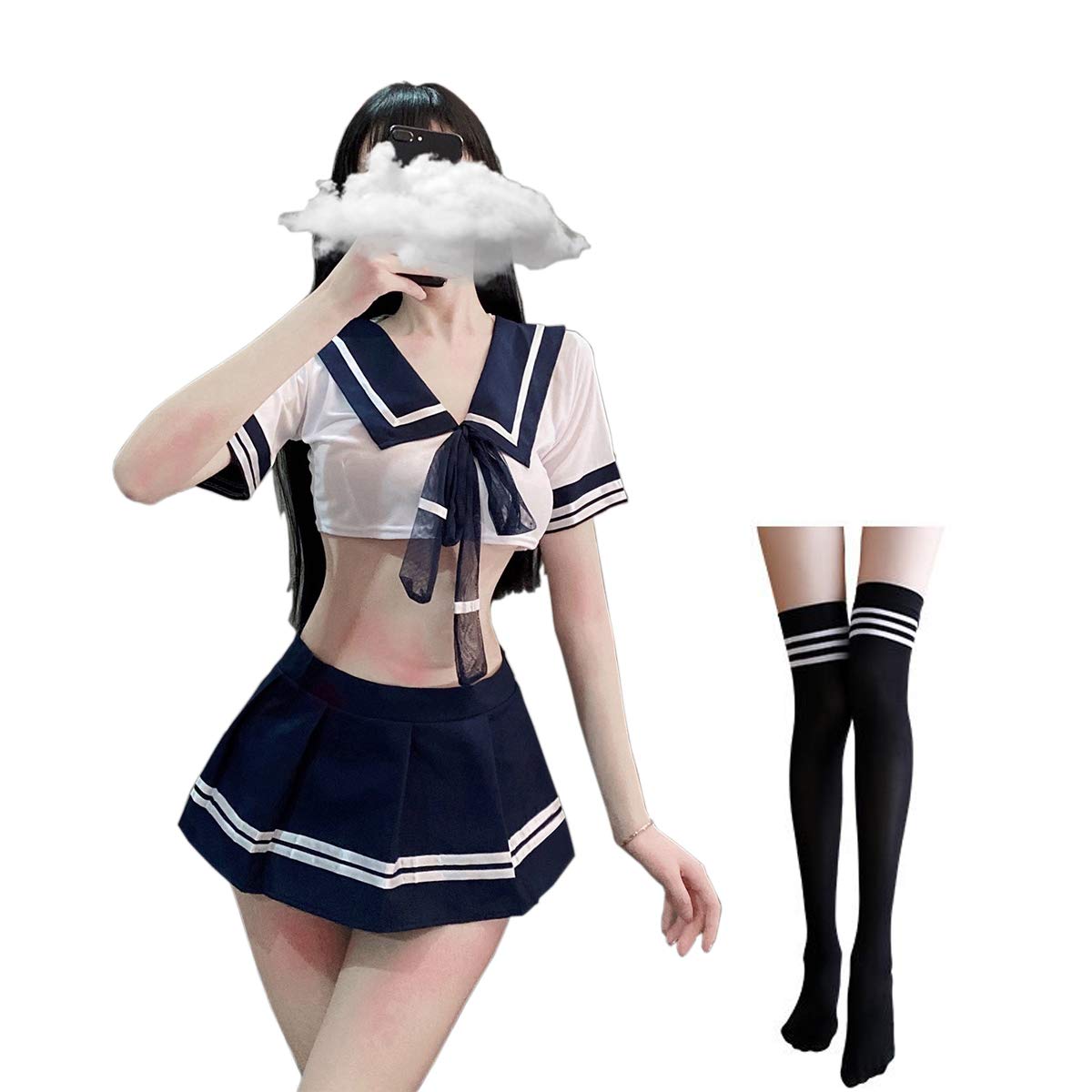 SINROYEE Women Lingerie Schoolgirls Outfit Lingerie Roleplay Cosplay Sailor Costumes with Socks Lovely, 7962, M (88/120 lbs)