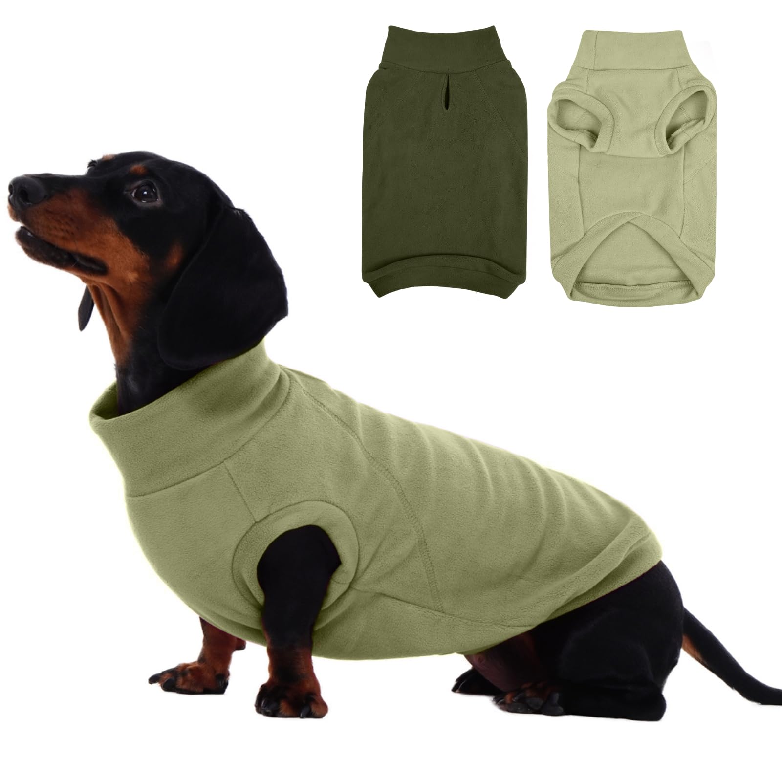 View 1 of ?IECOii 2 Pack Dog Sweaters for Dachshunds Boy Girl - Stretchy & Cozy & Thermal, Winter & Fall Dogs Fleece Sweater, Soft Pet Coats for Indoor & Outdoor(Size L, Light Green & Army Green)