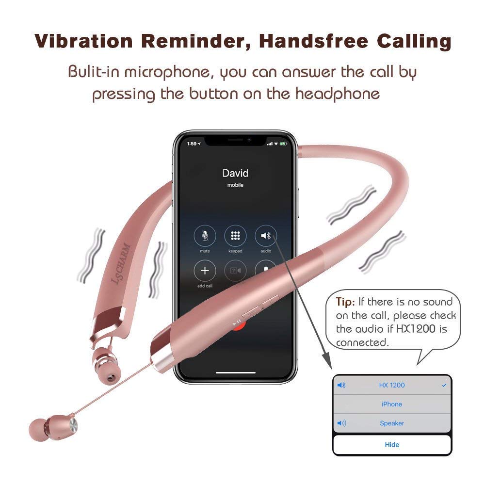Bluetooth Headphones Retractable, LSCHARM Sport Wireless Stereo Neckband Headset Retractable Earbuds Noise Cancelling with Mic (Rose Gold)