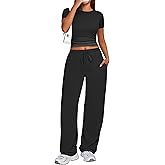 Kivdol 2 Piece Matching Summer Sweatsuit Lounge Set Womens Wide Leg Pants Side Ruching Crop Top Sets