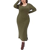 Agnes Orinda Plus Size Ribbed Knit Dresses for Women Side Slit Crew Neck Long Sleeve Casual Slim Fit Bodycon Midi Dress
