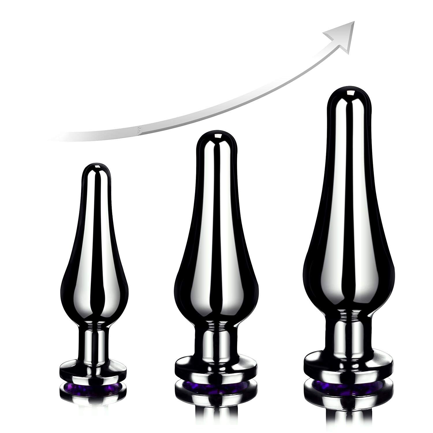 Analplug Set Metall Buttplug Anal Butt Plug Set mit Lila Kristall (Ø30 mm, Ø32 mm & Ø40 mm)